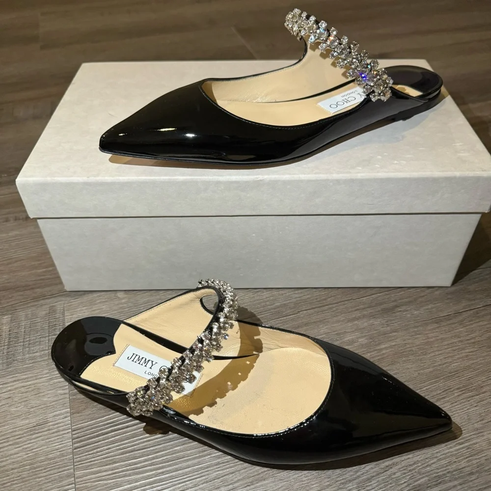 Jimmy Choo Bing Black Patent Leather Crystal Embellished Strap Flats